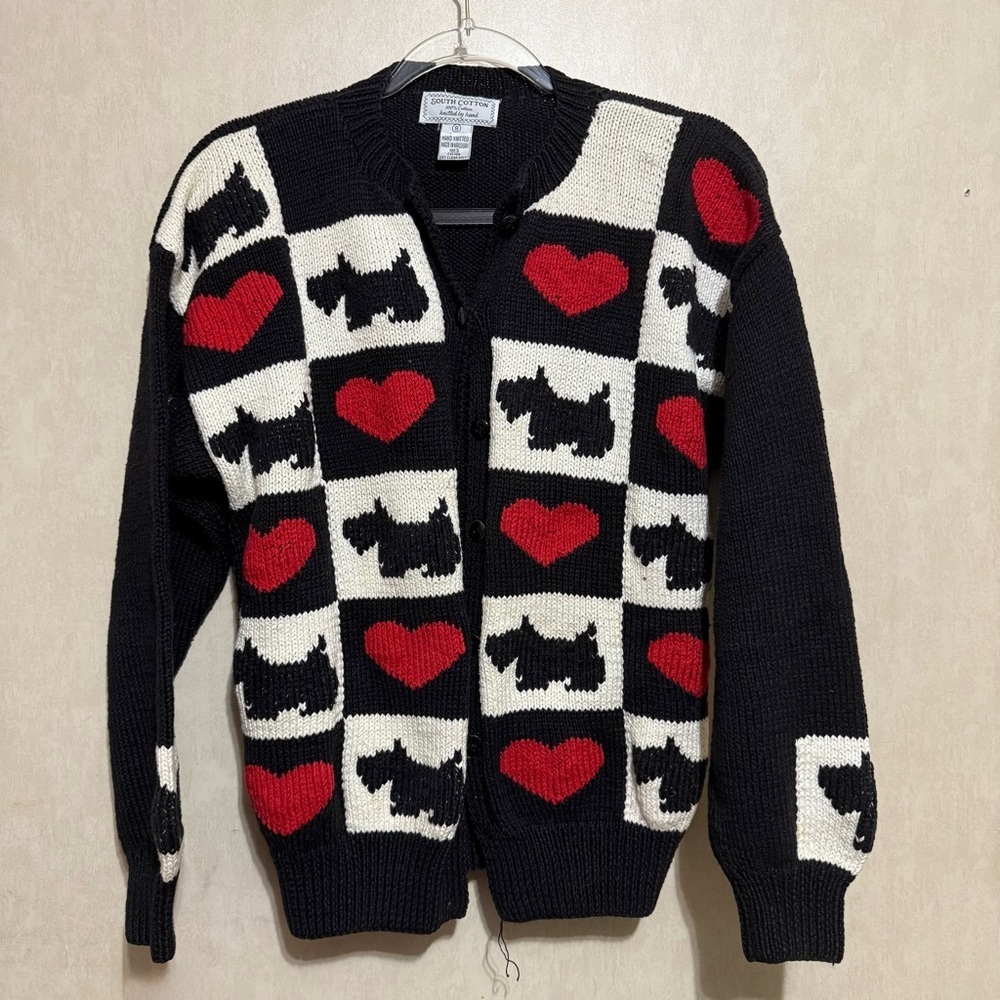Vintage South Cotton Black White Check Red Heart Scottie Dog Cardigan